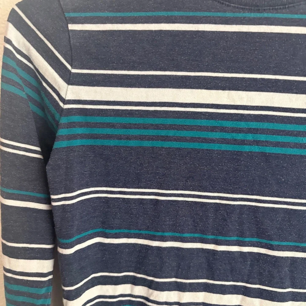 Cat & Jack Boys Navy Blue Teal Striped Long Sleeve Crew Neck Tee Size S 6/7